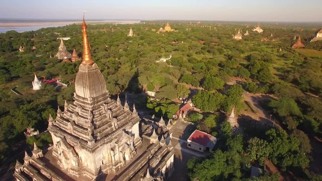 Bagan, Myanmar (Burma), aerial view of ancient temples and pagodas at sunset. 