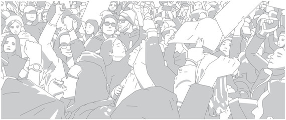 Illustration of crowd protest, demonstration in black and white