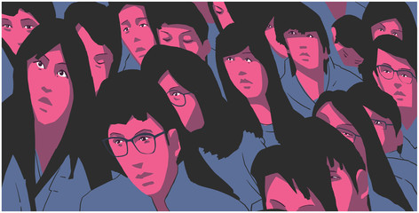 Stylized illustration of large group of asian students protesting in color