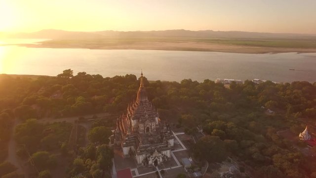 Bagan, Myanmar (Burma), aerial view of ancient temples and pagodas at sunset. 