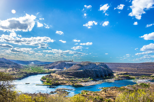 Sao Francisco River, one of the most importants river of Brazil, on the river have the production of energy, fish, tourism and drink water - showing blue sky and rocks a very beautiful place