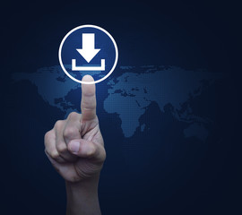 Hand pressing download icon over digital world map, Business internet concept, Elements of this image furnished by NASA