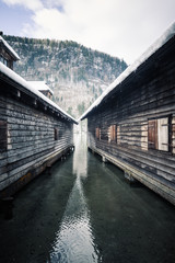 Wooden house for boats on Lake Konigssee. Bavaria. Germany