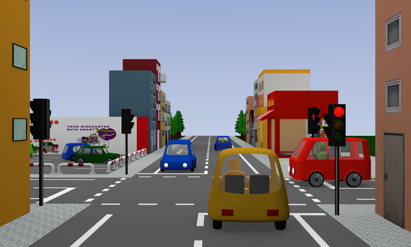 Crossroads with red glowing traffic lights, colorful cars and houses. 3d rendering