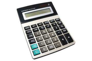 Silver and black calculator isolated on white background, close up, side view