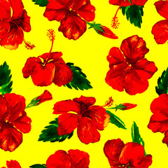 Fototapeta na wymiar Watercolor Seamless Pattern. Hand Painted Illustration of Tropical Leaves and Flowers. Tropic Summer Motif with Hibiscus Pattern.