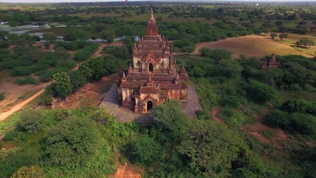 Bagan, Myanmar (Burma), aerial view of ancient Buddhist temples and pagodas at sunset. 