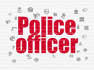 Law concept: Painted red text Police Officer on White Brick wall background with  Hand Drawn Law Icons