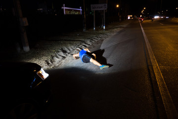 Accident the car hit the runner on the highway road in the midnight, Police slince.