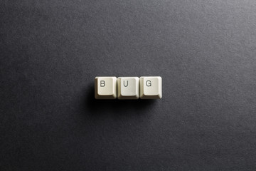 Word bug made using computer keyboard buttons on a black background. Compact disk. IT technology concept.