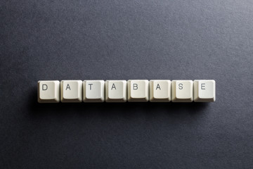 Word database made using computer keyboard buttons on a black background. IT technology concept.