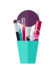 Makeup Tools and Applicators in Bright Plastic Cup
