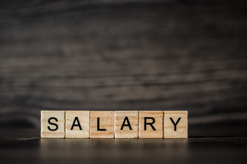 the word salary, consisting of a light wooden cubes on a dark wooden background