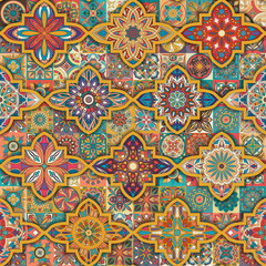 Seamless pattern with decorative mandalas. Vintage mandala elements. Colorful patchwork.
