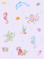 Vector seamless pattern of sea life. Seamless pattern can be used for wallpaper, pattern fills, web page background, surface textures.