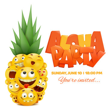 invitation template card with yellow emoji cartoon smiley faces. Pineapple concept