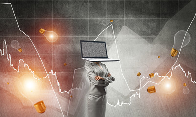 Business woman with laptop instead of head.