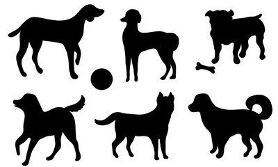 Set of icon dogs. Black silhouettes of a dog isolated on a white background. Collection of black icons of dog. Vector illustration.