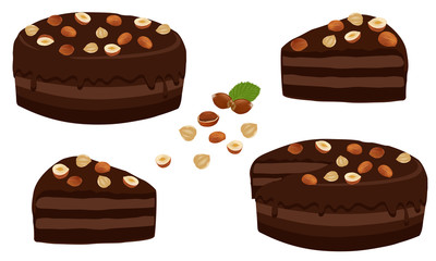 Chocolate cake whole with hazelnuts isolated on white background. Dessert close-up.  A piece of chocolate cake with nuts. Vector illustration.