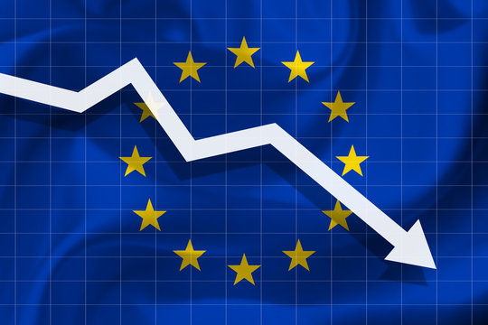 White arrow falls against the background of the flag of the Europe Union.
