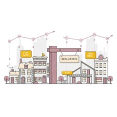 Naklejka premium Real estate business concept with houses. Flat vector illustration