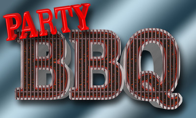 Stock Illustration - Text: BBQ Party, Bright Red Text: Party Text BBQ in the shape of the grill, Big Glowing Coals BBQ, 3D Illustration.