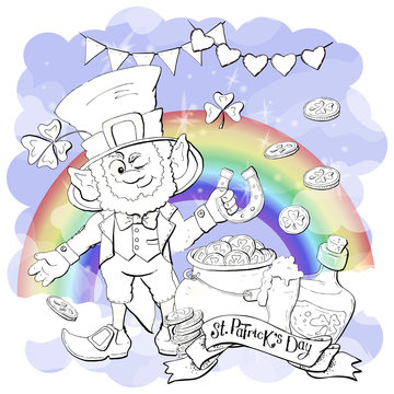 Funny leprechaun holding clover leaf like. Coloring book.