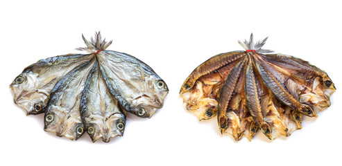 Thai style food two sides of dried fish isolated on white