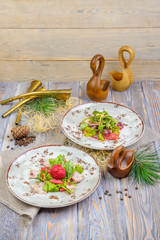 salads in a composition on a wooden background