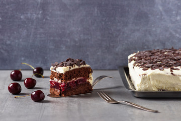 Piece of homemade black forest sheet cake. Sweet food concept. Copy space. Selective focus.
