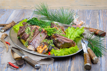 grilled meat on wooden background