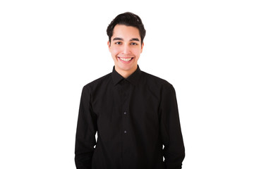 Fototapeta premium Young man smiling, feeling happiness, casual studio portrait over white