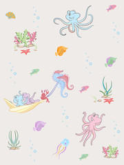 Vector seamless pattern of sea life. Seamless pattern can be used for wallpaper, pattern fills, web page background, surface textures.