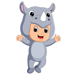 Cute boy cartoon wearing rhinoceros costume
