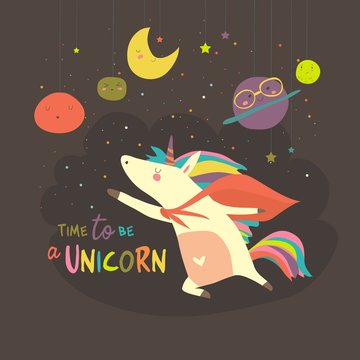 Magic cute unicorn in cartoon style