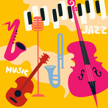 Jazz music festival poster with music instruments. Saxophone, trumpet, guitar, violoncello, piano and microphone flat vector illustration. Jazz concert