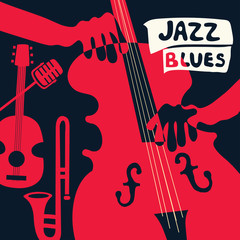 Obraz premium Jazz music festival poster with music instruments. Violoncello, guitar, trumpet and microphone flat vector illustration. Jazz concert poster