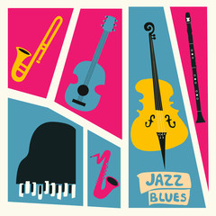 Naklejka premium Jazz music festival poster with music instruments. Saxophone, trumpet, guitar, violoncello, piano and clarinet flat vector illustration. Jazz concert