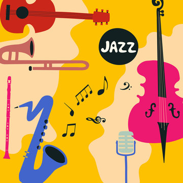 Jazz music festival poster with music instruments. Saxophone, trumpet, guitar, violoncello, microphone and clarinet flat vector illustration. Jazz concert
