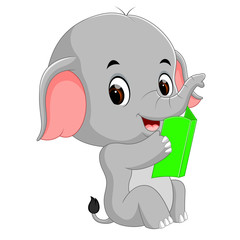 Cute elephant reading a book.
