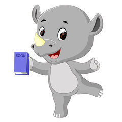 cute rhino holding book