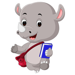 cute rhino holding book