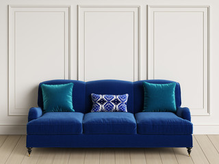 Classic blue sofa in classic interior.Digital illustration.3d rendering