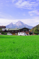 meadow and Alps mountains of Germany. Berchtesgaden and Wazzman summit