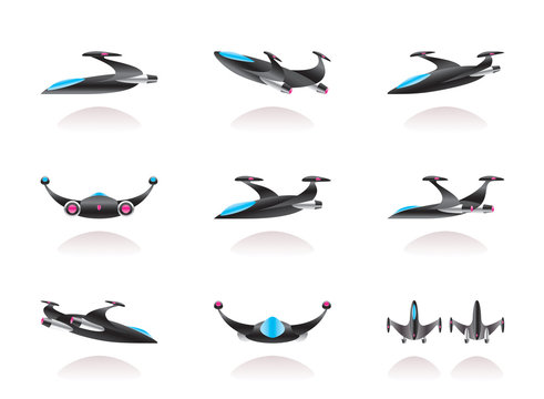 Spaceship in different perspective - vector illustration