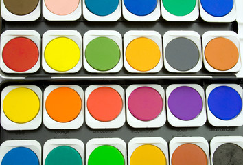 Palette Watercolor paintbox background, Top view