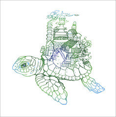 Illustration of an tortulla with an old city. Color drawing.