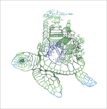 Illustration of an tortulla with an old city. Color drawing.