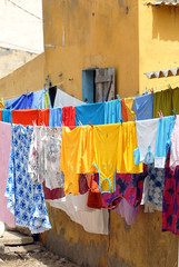 Sénégal, jour de lessive, le linge sèche au soleil