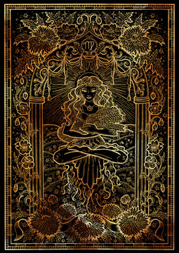 Zodiac sign Virgo or Maiden on black texture background. Hand drawn fantasy graphic illustration in frame. Hand drawn fantasy graphic illustration in frame